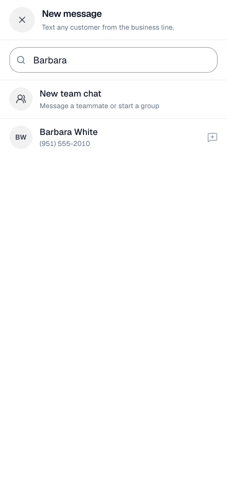New message screen with a customer search and New team chat
