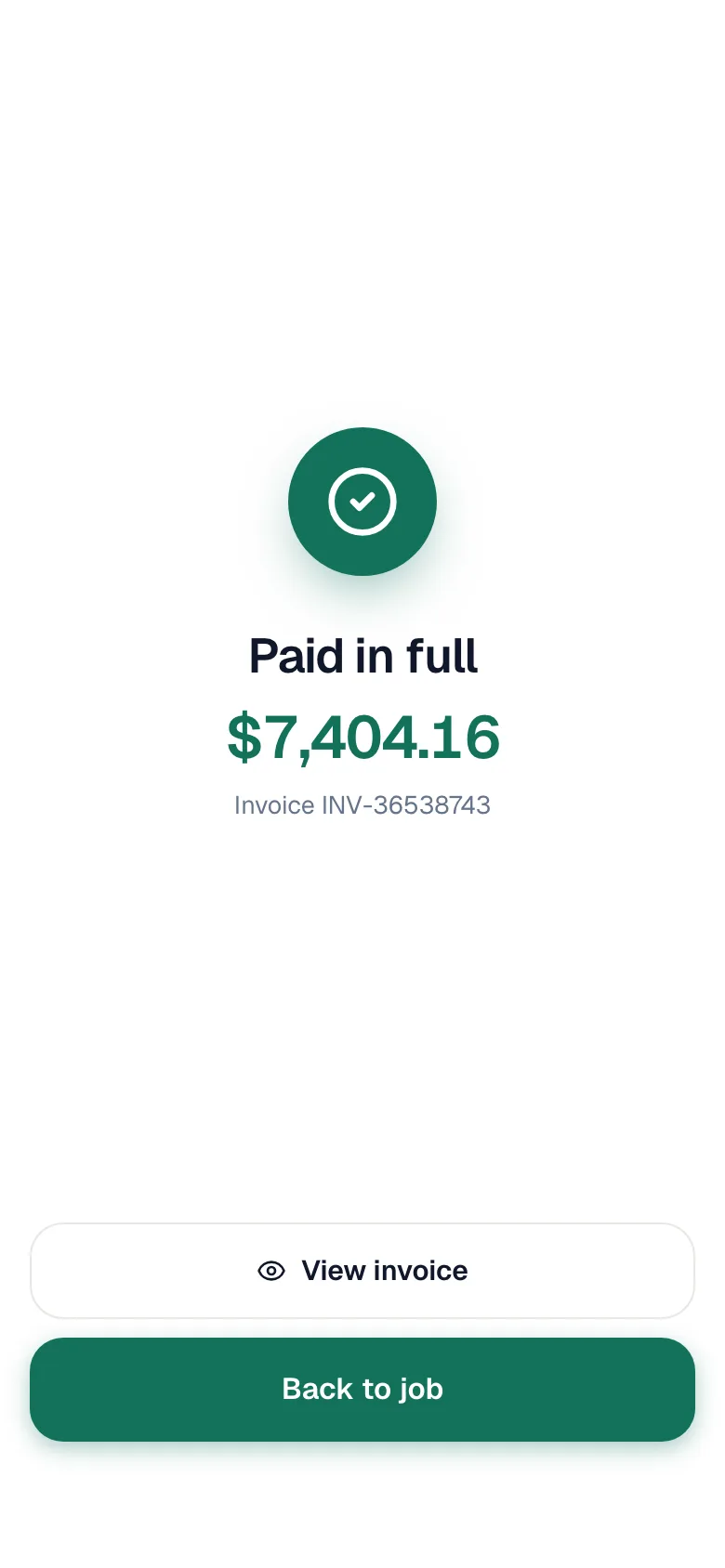 Paid in full confirmation screen showing the amount and invoice number