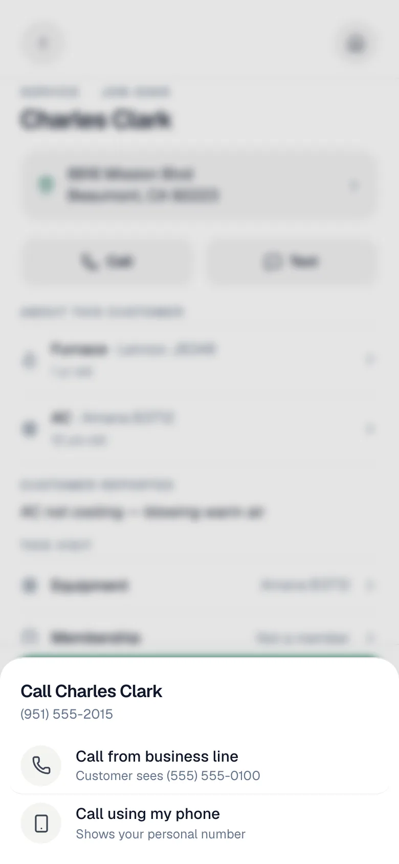 Call chooser with Call from business line and Call using my phone