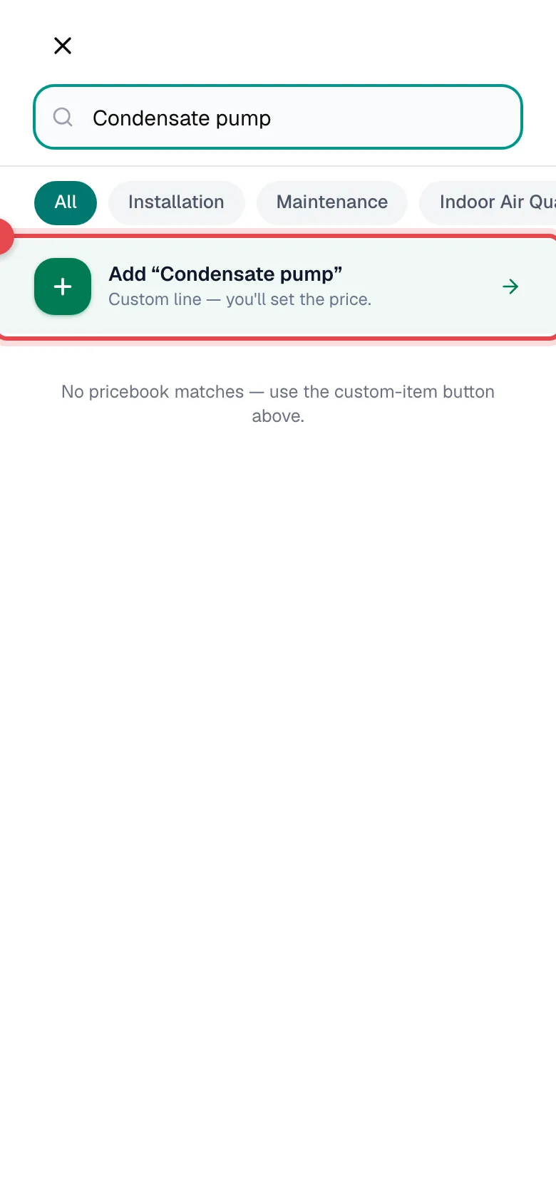 Pricebook search showing the Add custom line button for an item that isn't in the pricebook