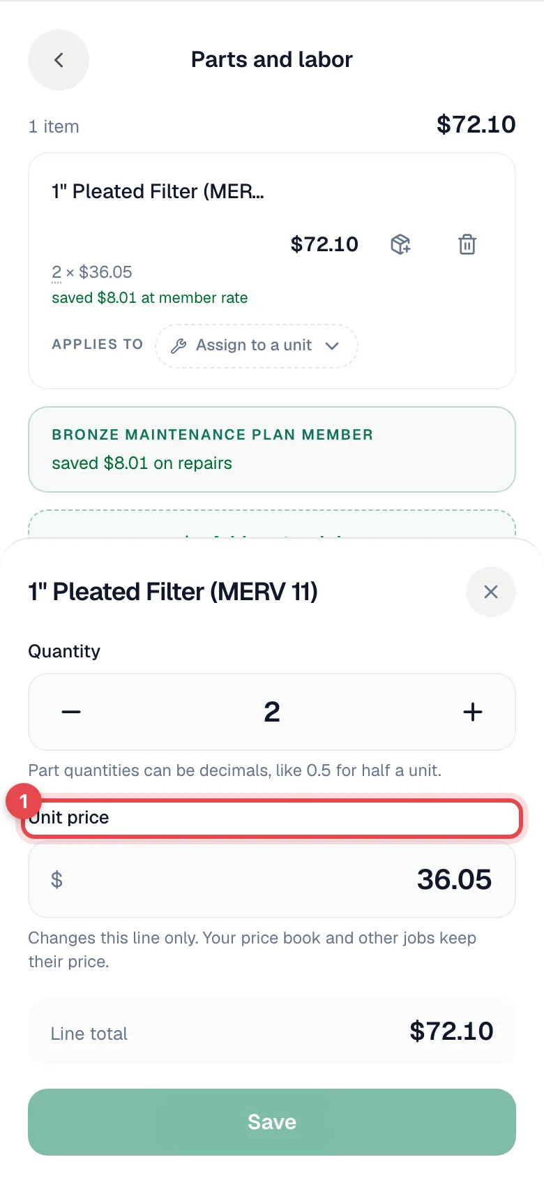 Line edit sheet with Quantity, Unit price, and Line total