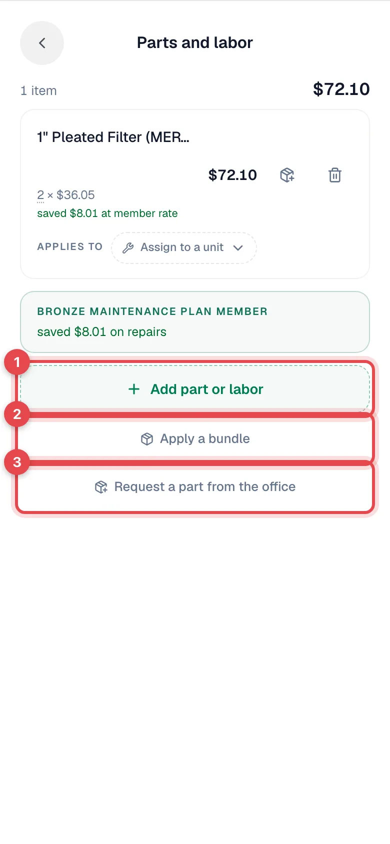 Parts and labor panel with Add part or labor, Apply a bundle, and Request a part from the office highlighted