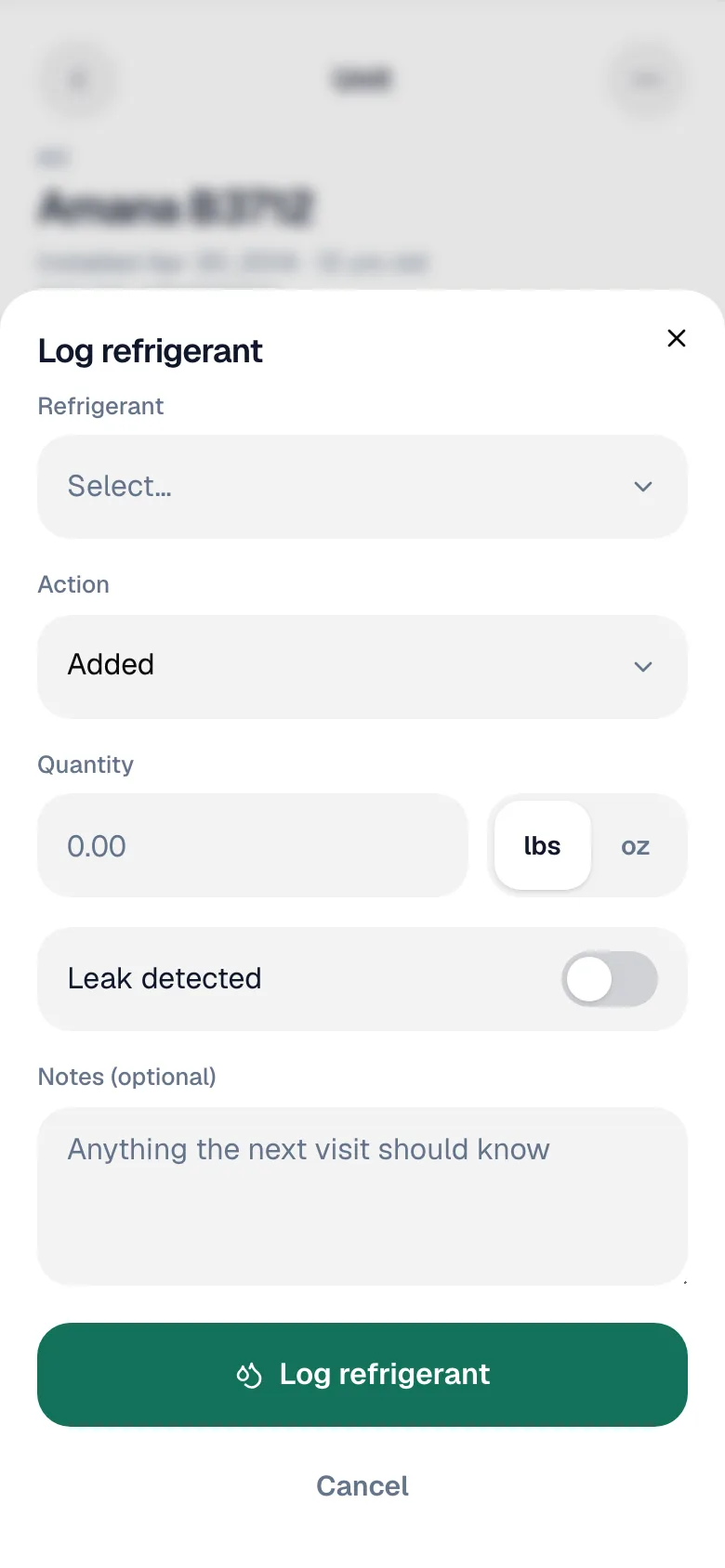 Refrigerant log form with refrigerant type, action, quantity, and leak detected