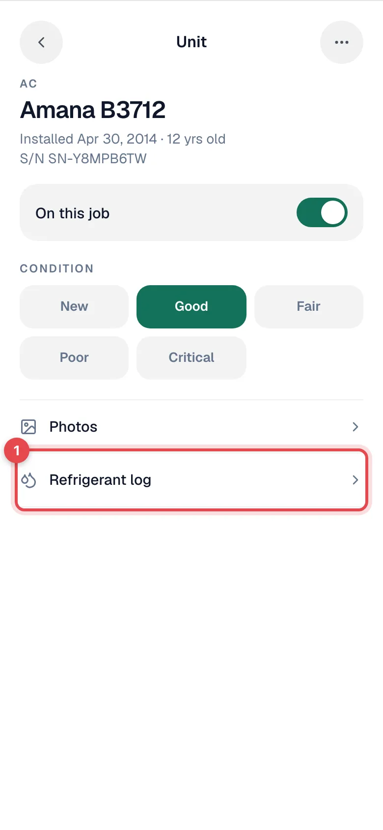 Unit screen with the Refrigerant log row highlighted
