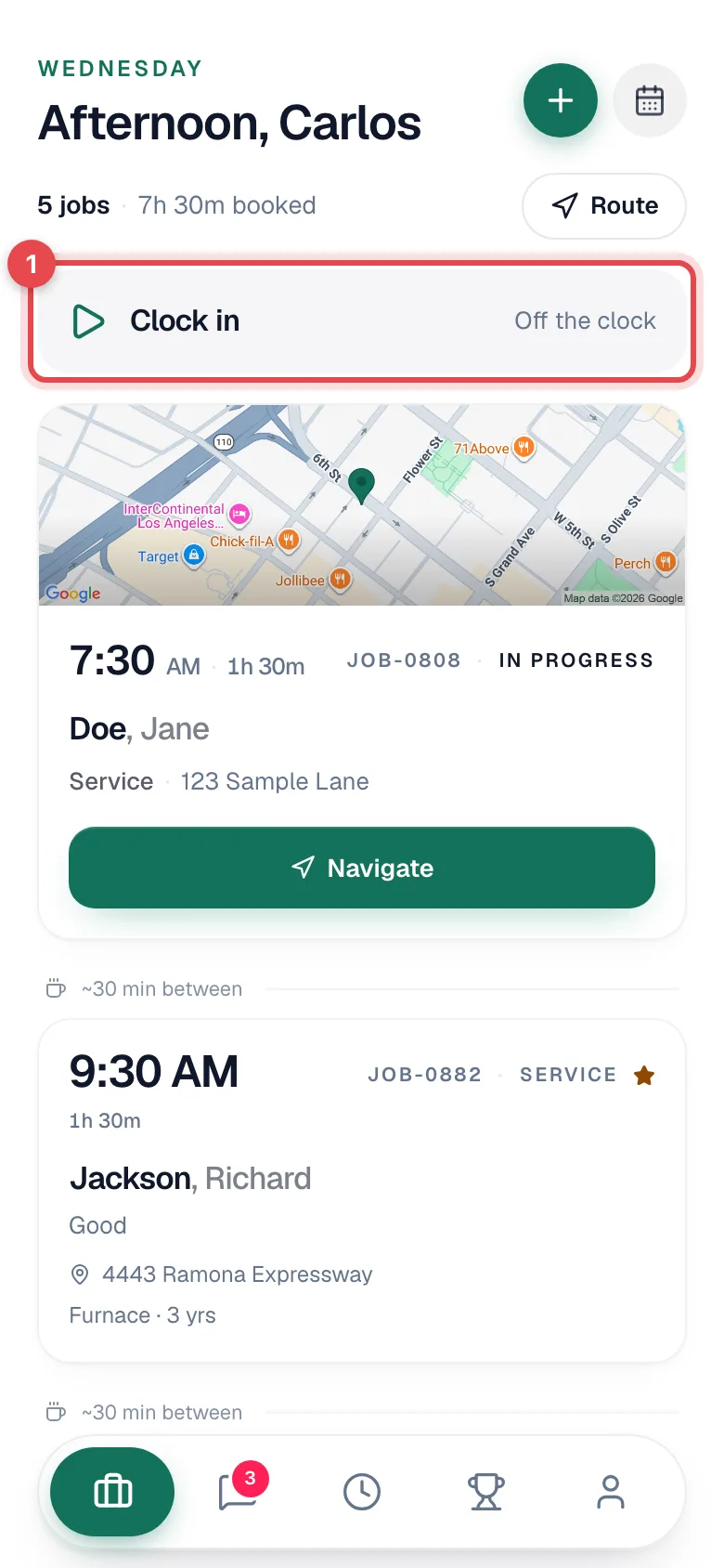 Jobs tab with the Clock in card highlighted