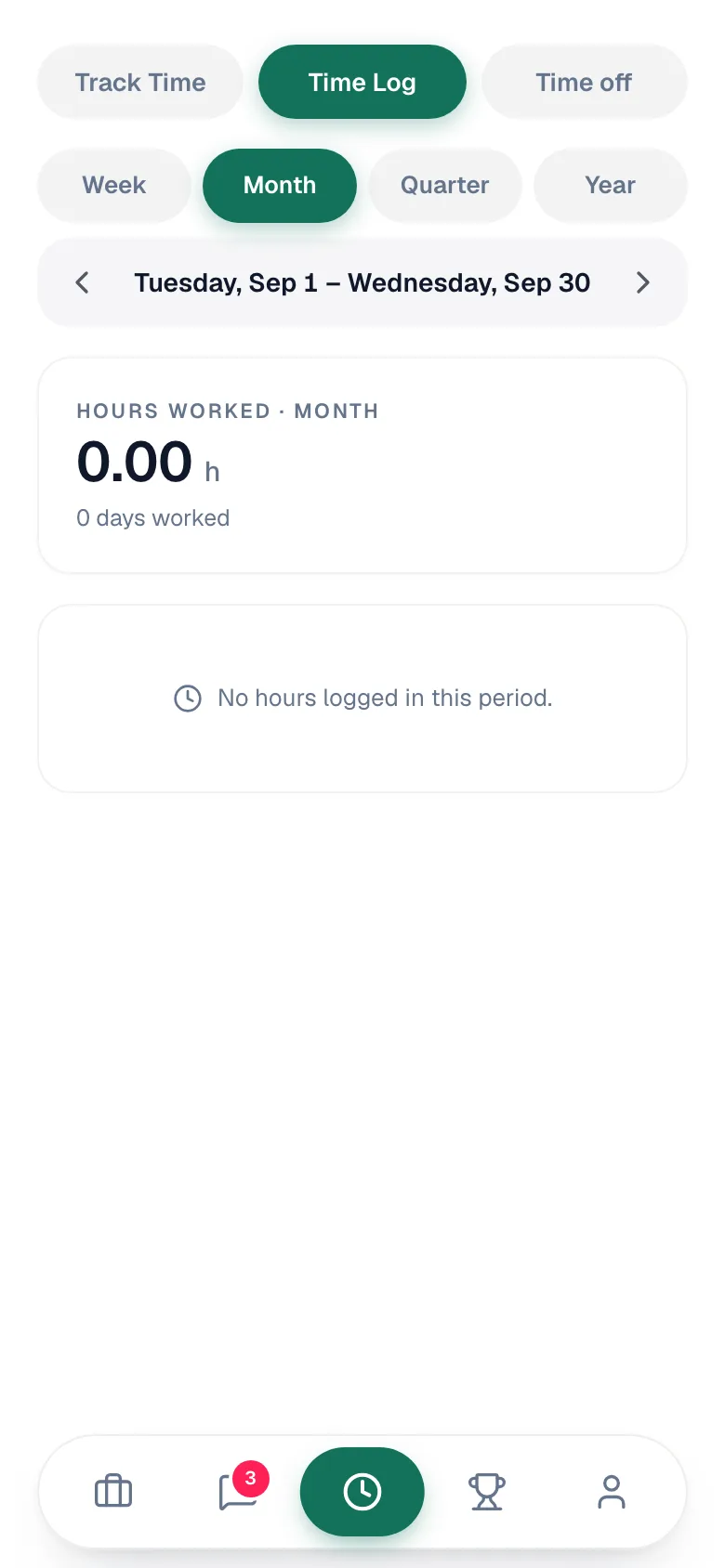 Timesheet Time Log tab with the Week, Month, Quarter, and Year period picker