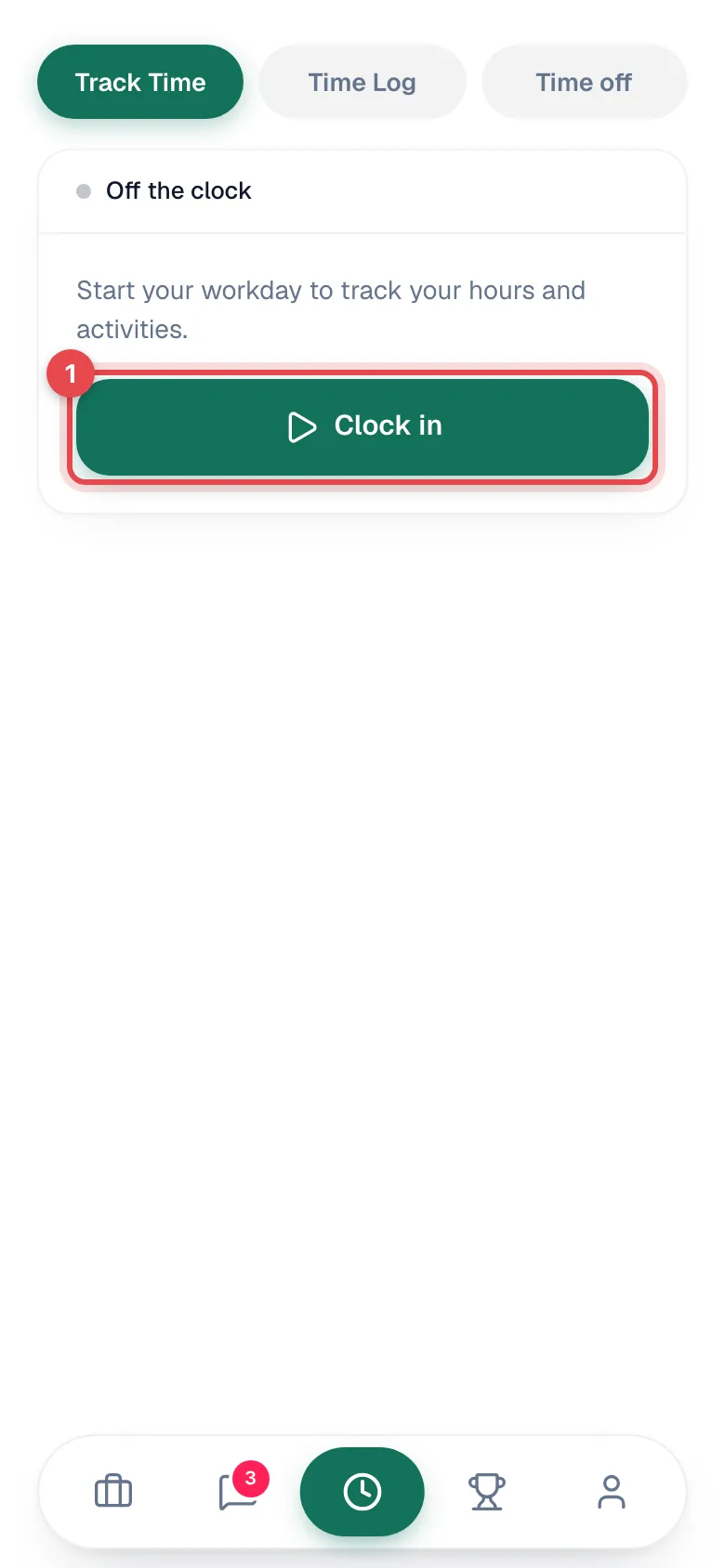 Timesheet tab on Track Time with the Clock in button