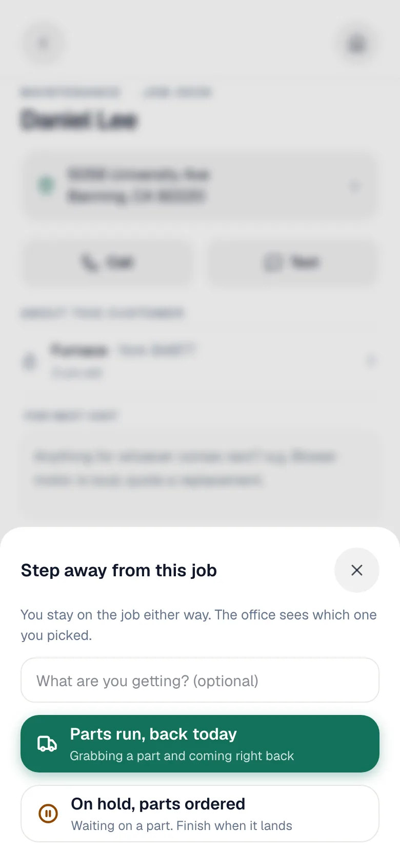 Step away from this job sheet with Parts run, back today and On hold, parts ordered