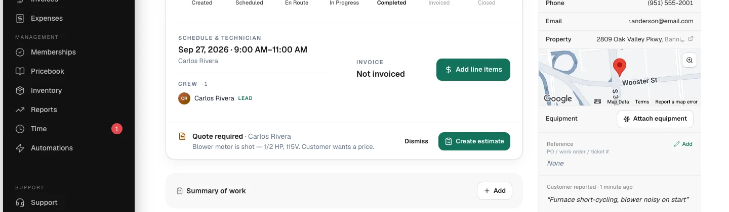 Job page with the Quote required row and Create estimate