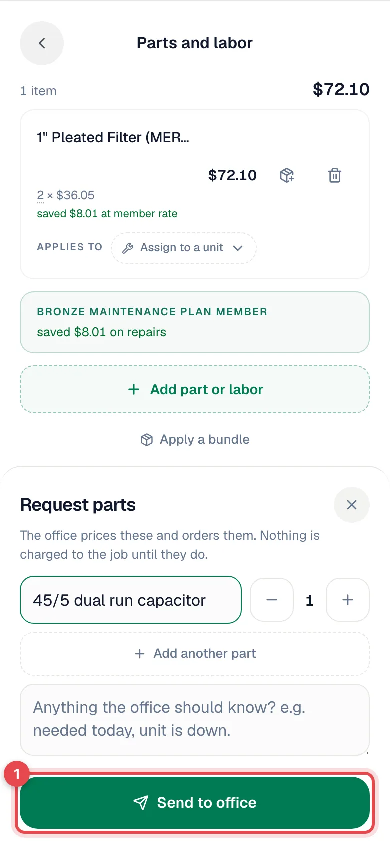 Request parts sheet with a part typed in and the Send to office button highlighted