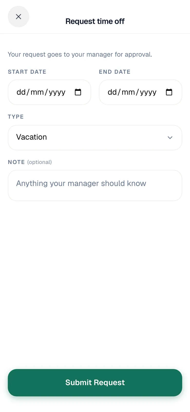 Request time off form with start date, end date, type, and note