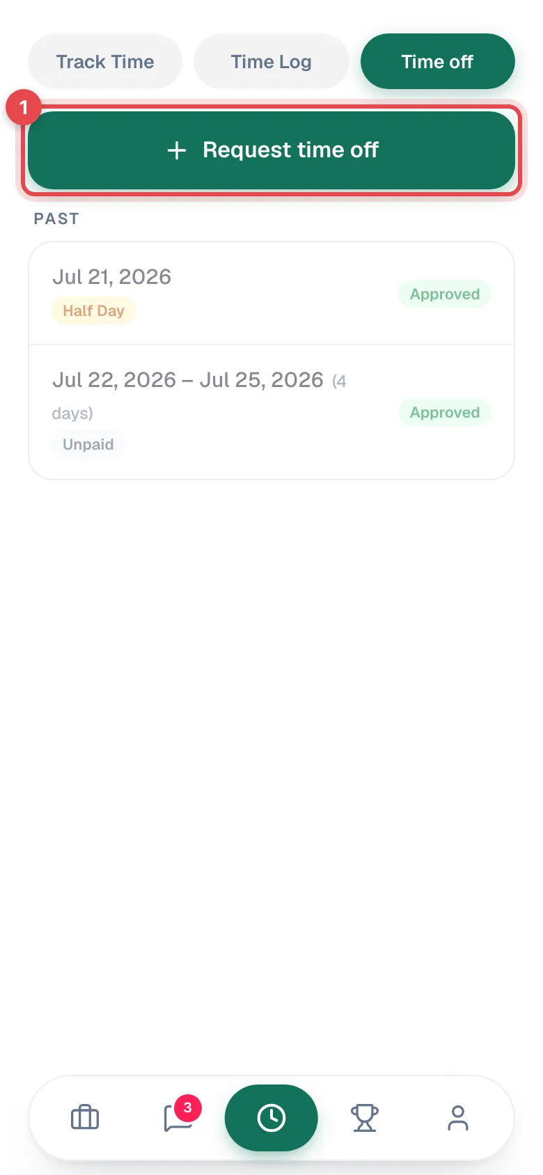 Timesheet tab on Time off with the Request time off button highlighted