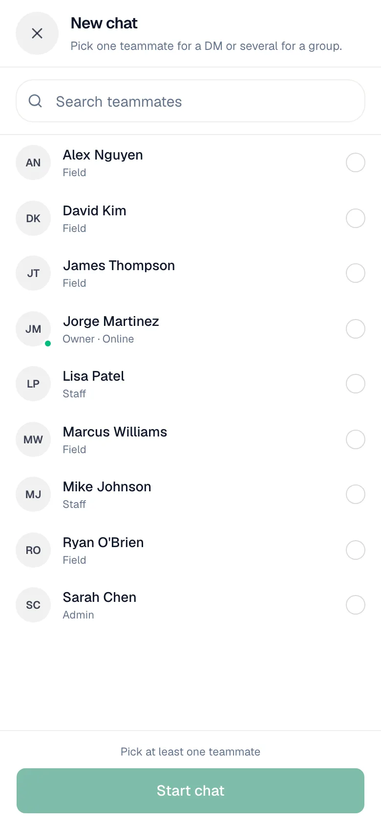 New chat screen listing teammates to pick, with Start chat at the bottom
