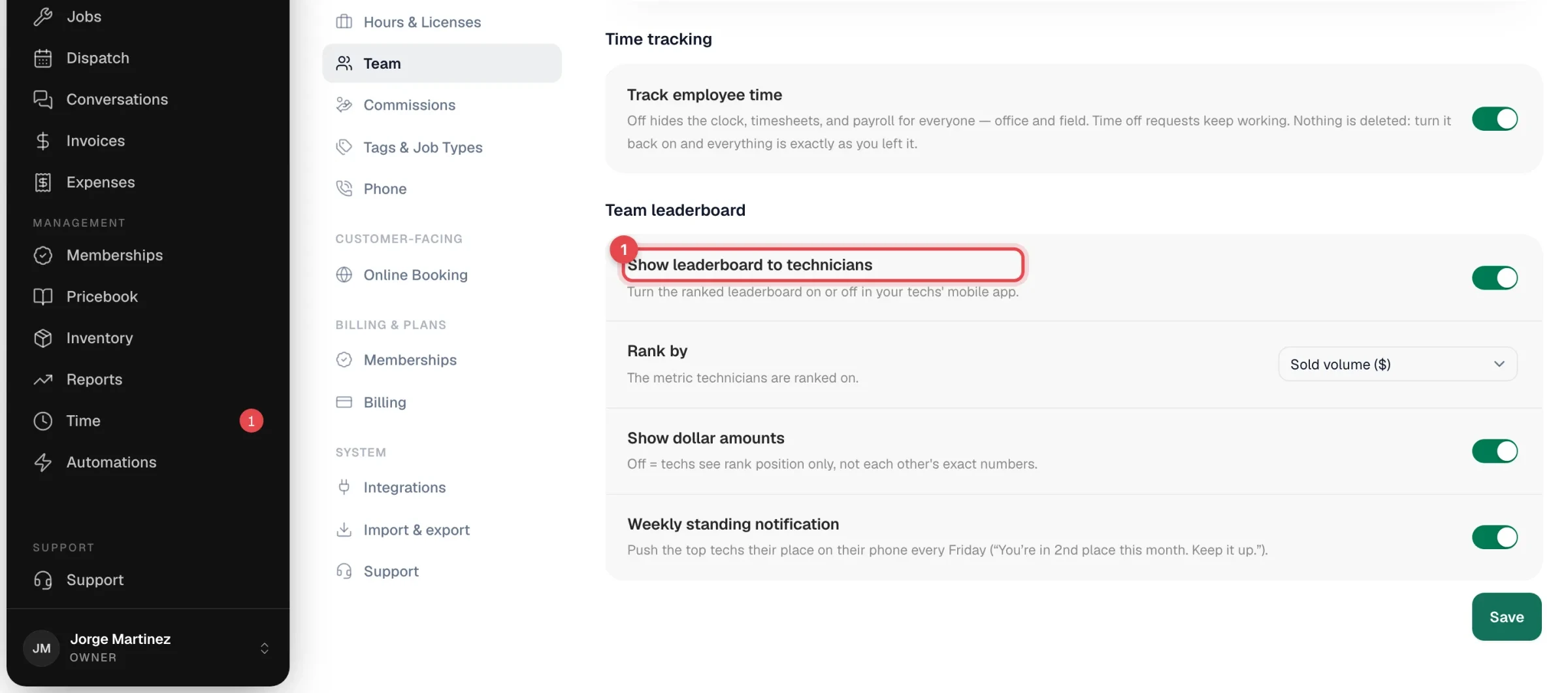Team leaderboard settings with Show leaderboard to technicians, Rank by, Show dollar amounts, and Weekly standing notification