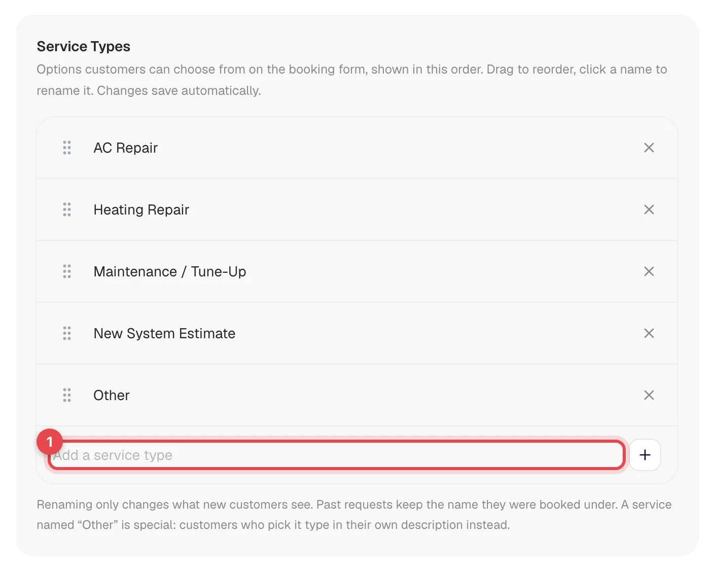 Service Types card listing AC Repair, Heating Repair, Maintenance / Tune-Up, New System Estimate and Other, with the Add a service type box highlighted
