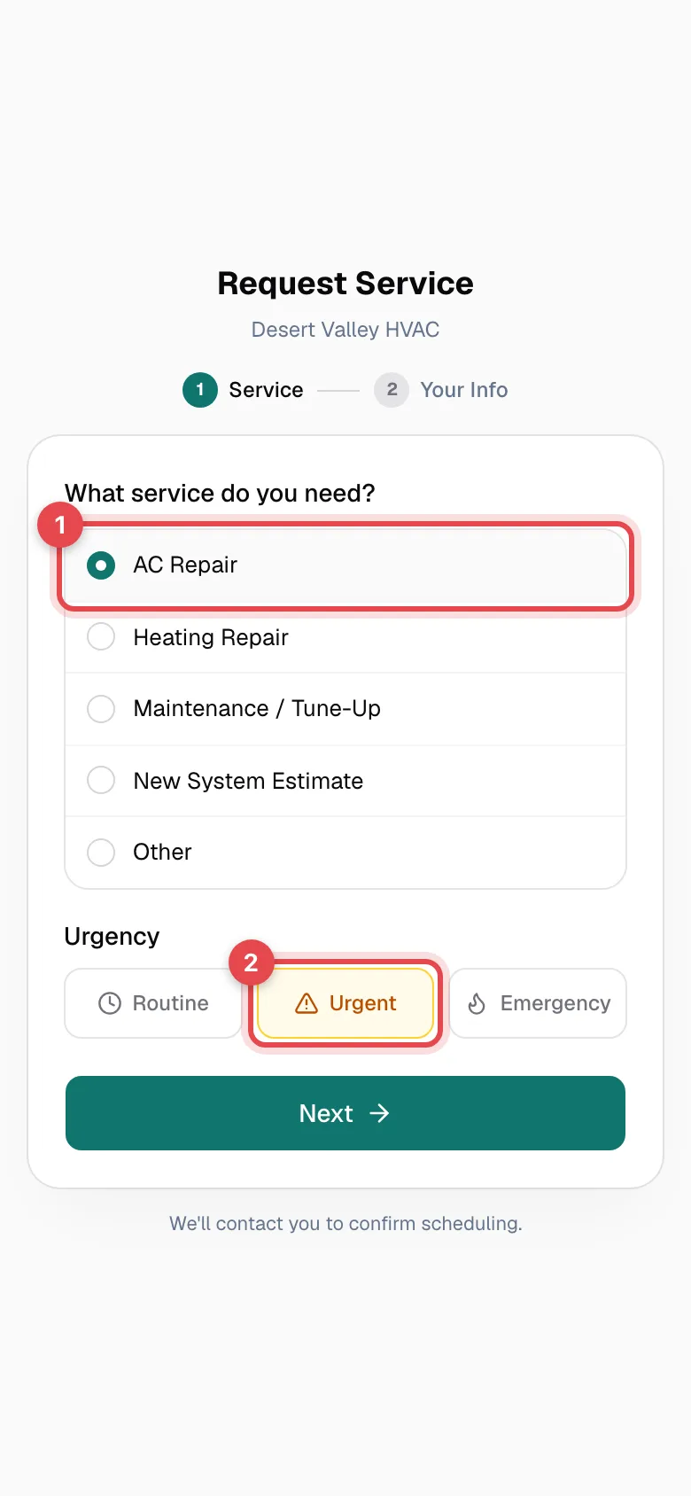 Booking page with the Urgent option highlighted