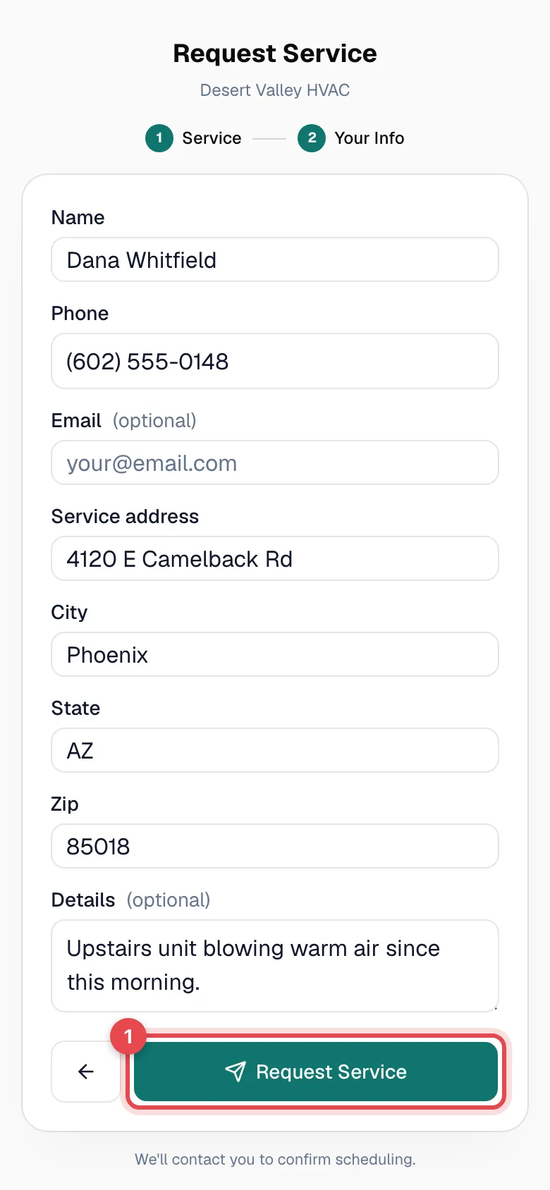 Booking page step 2 on a phone filled in with a sample customer, with the Request Service button highlighted