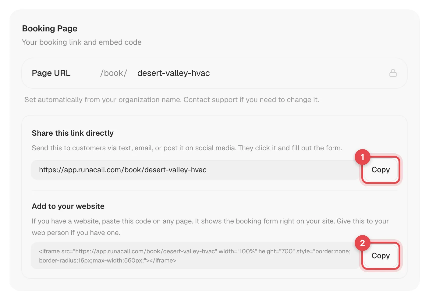 Booking Page card with the website embed code Copy button marked 2