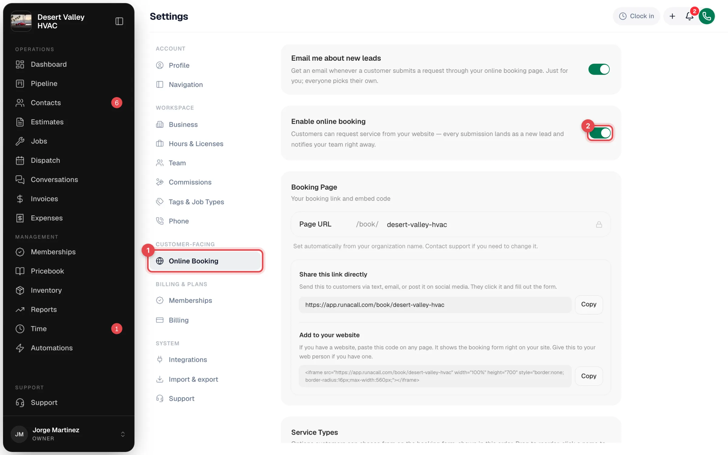 Enable online booking switch on the Online Booking settings page