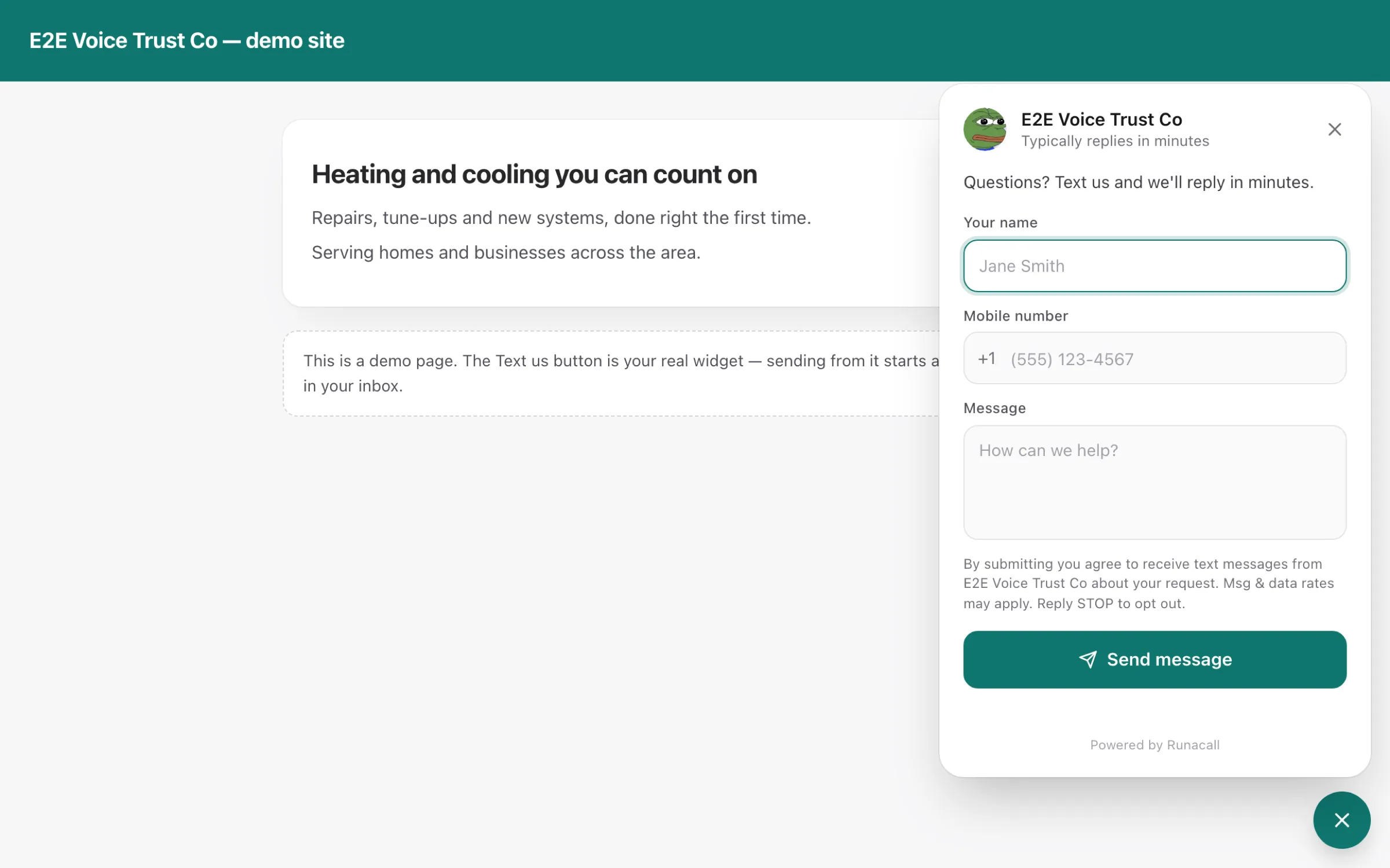 The widget panel open on the test page with the avatar, the Name, Mobile number with the +1 chip and Message fields, the consent line and the Send message button