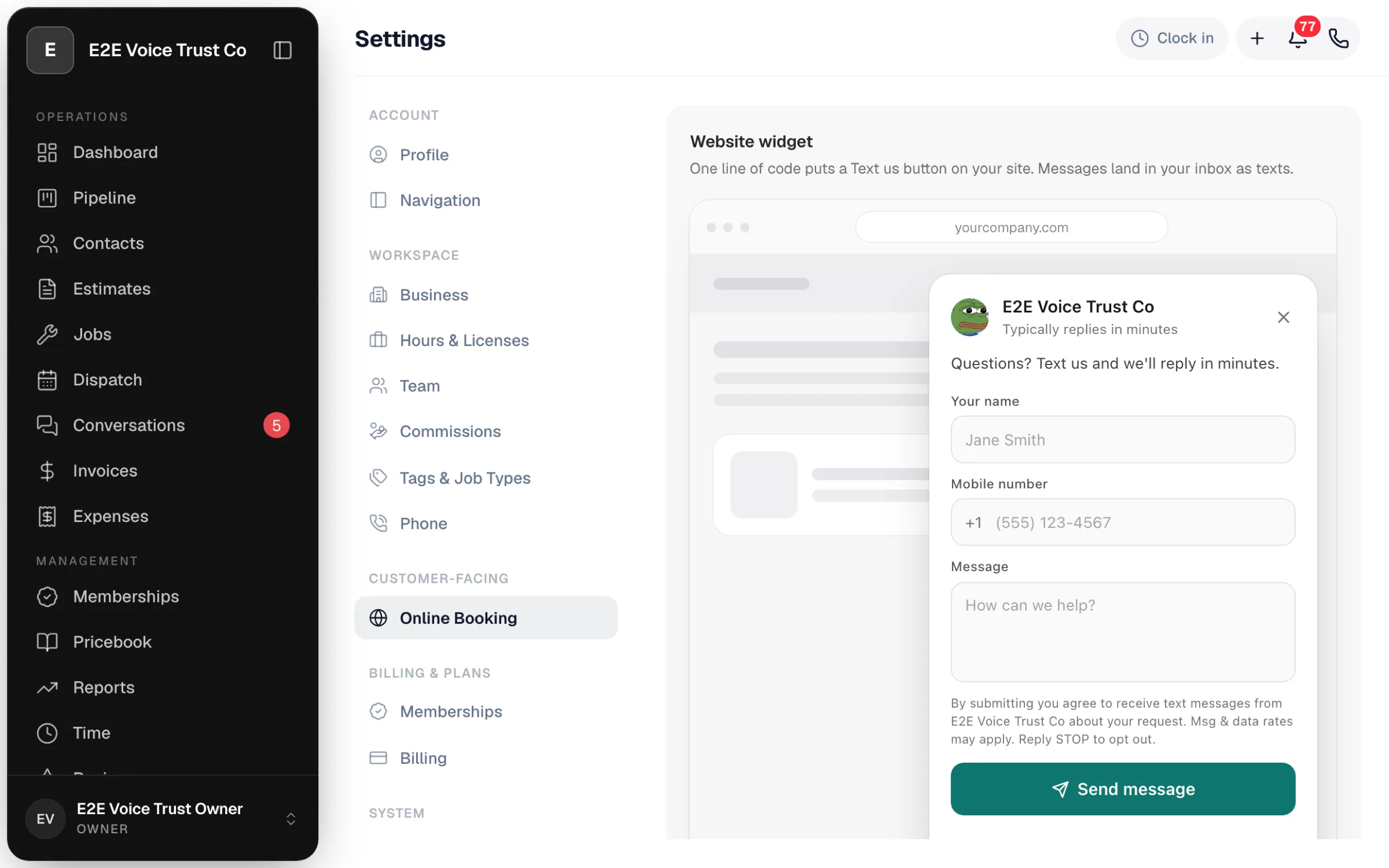 Website widget card under Settings → Online Booking with the preview panel open