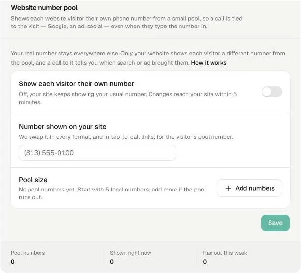 Website number pool card on Settings → Online Booking: the switch, the number shown on your site, Pool size with Add numbers, and the three counts