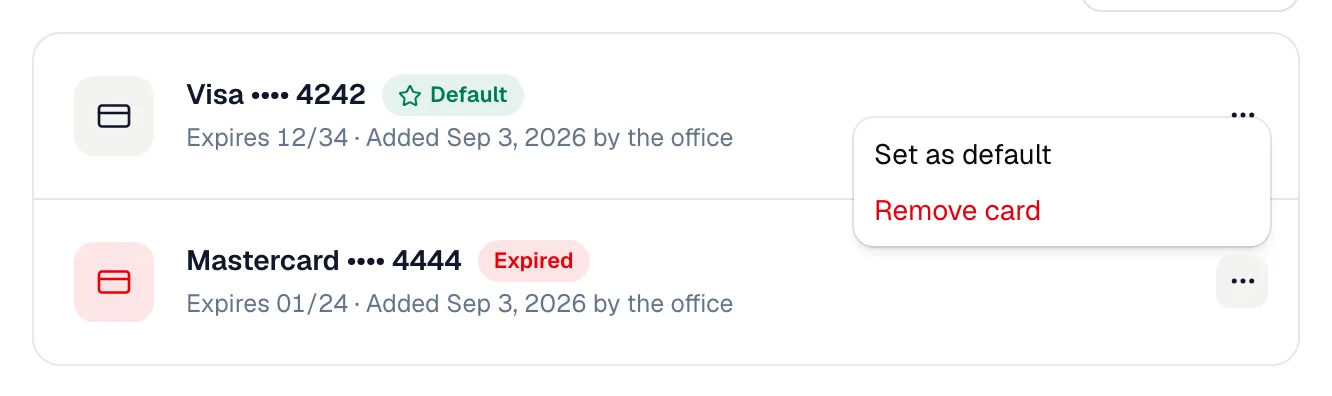 Two saved cards, one marked Default and one Expired, with the card menu open showing Set as default and Remove card