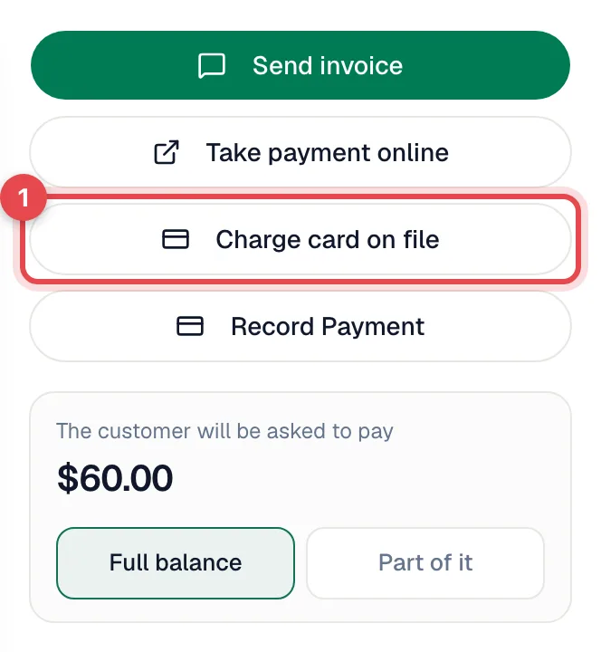 Invoice actions with the Charge card on file button highlighted, between Take payment online and Record Payment