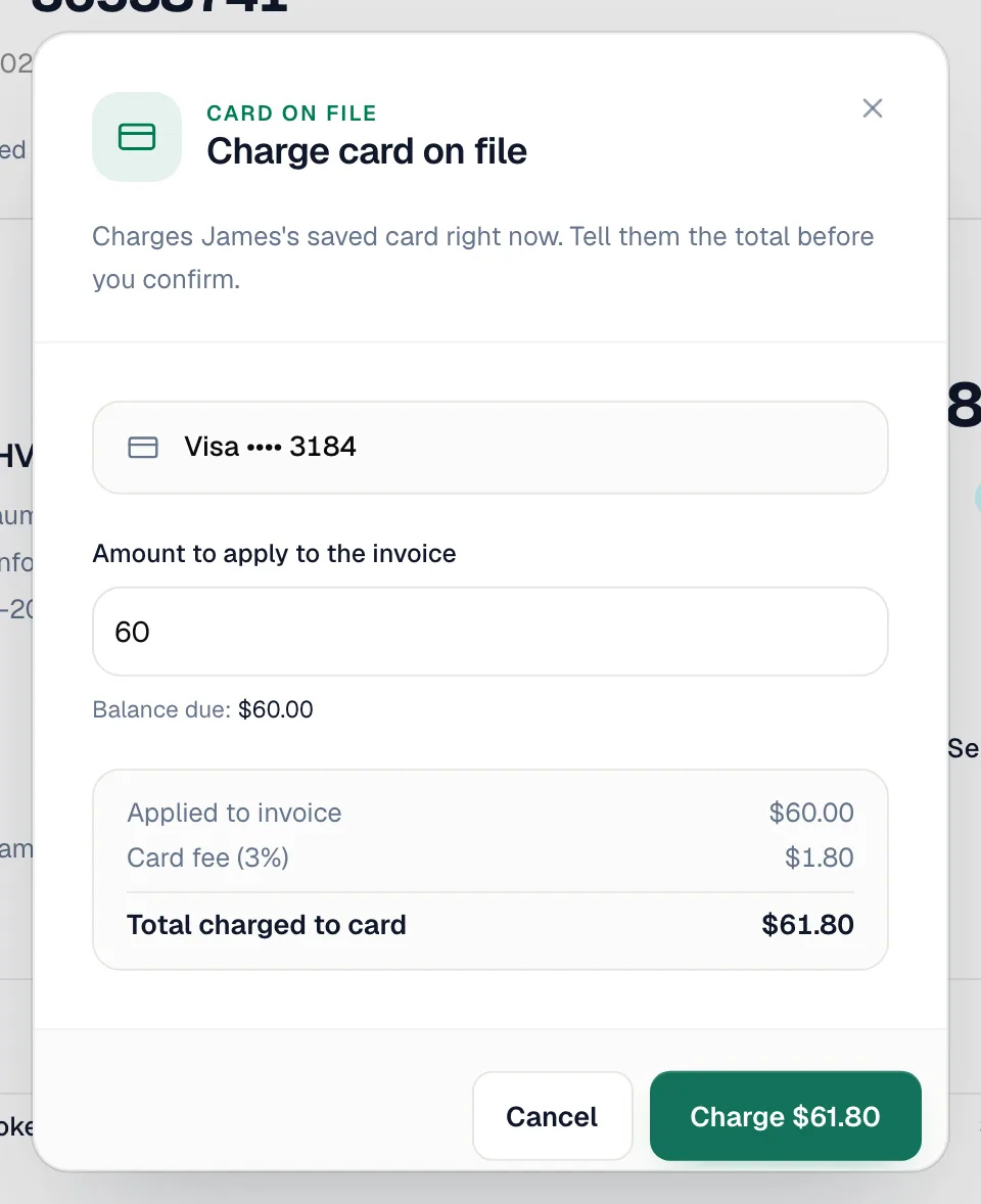 Charge card on file window showing the saved Visa, the amount to apply, the 3% card fee and the total charged to the card