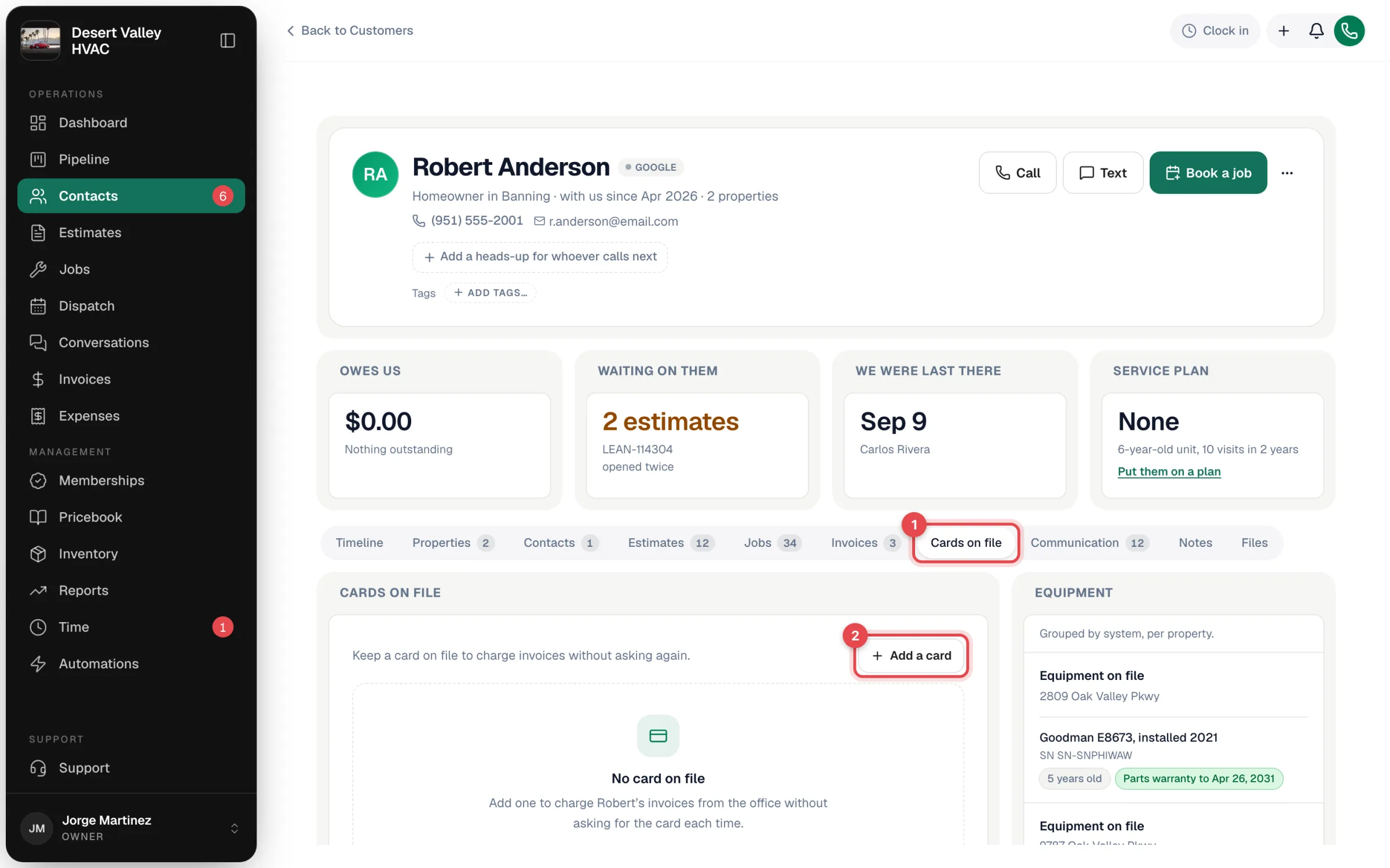 Customer page with the Cards on file tab and the Add a card button highlighted