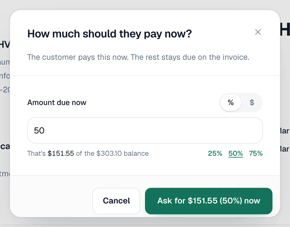 How much should they pay now? window with the amount, percent toggle and quick percentages