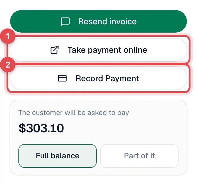Invoice page with the Take payment online and Record Payment buttons