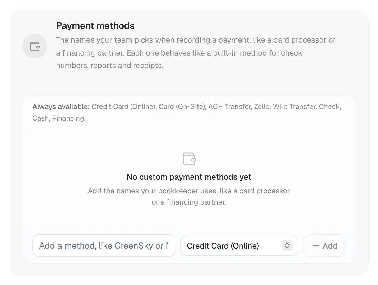 Payment methods section in Settings → Hours & Licenses with the Add a method field