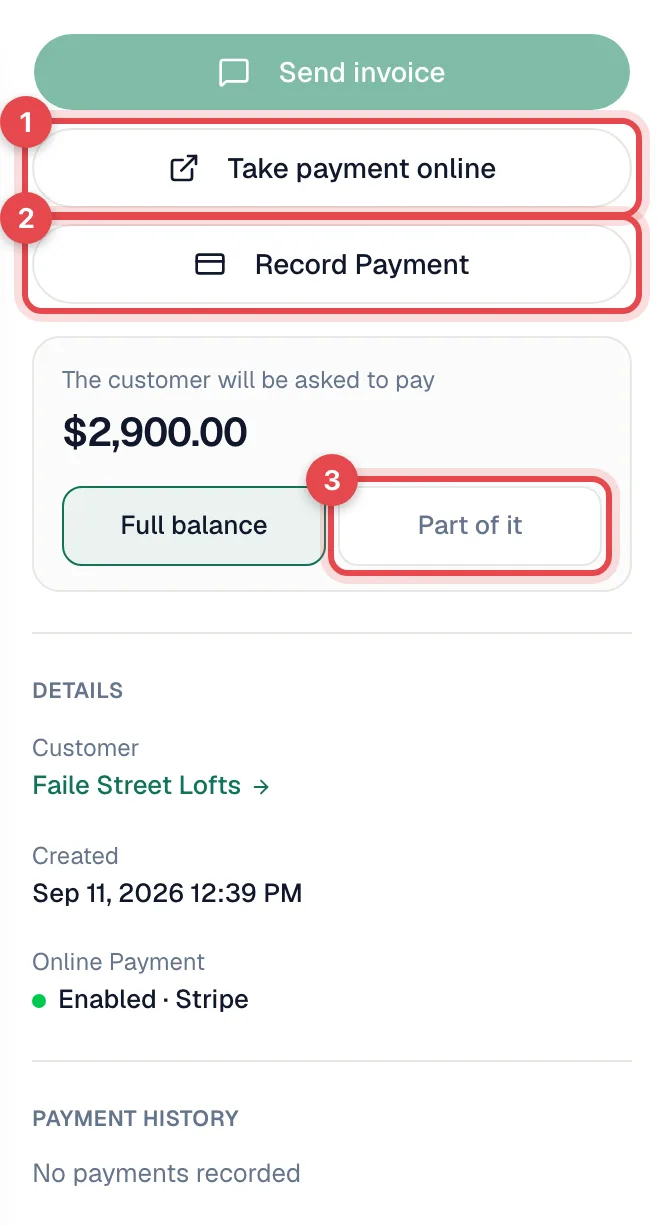 The payment buttons on an invoice: Take payment online, Record Payment and Part of it highlighted