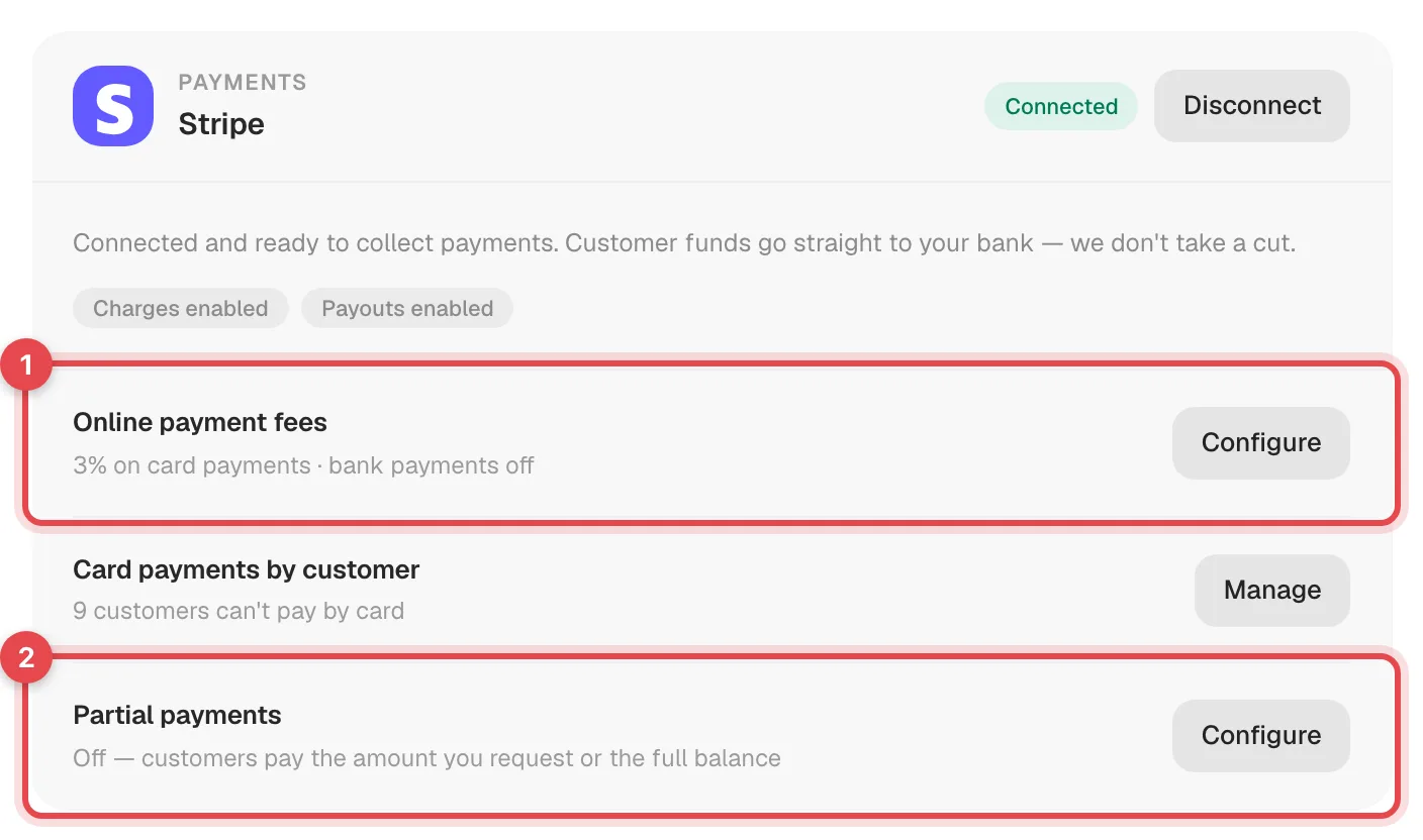 The Stripe card under Settings, Integrations with Online payment fees and Partial payments highlighted