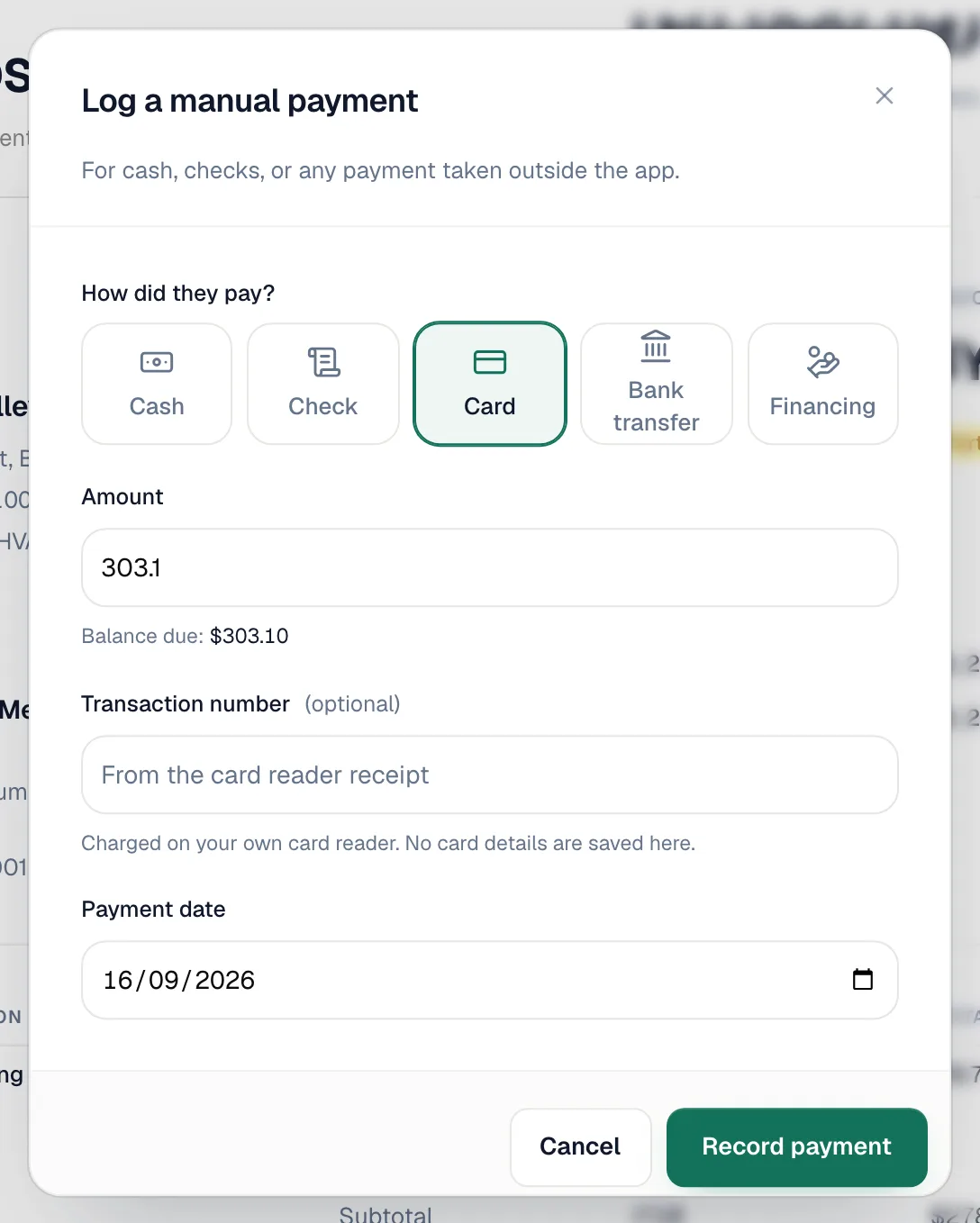 Log a manual payment window with the method tiles, Amount, Transaction number and Payment date
