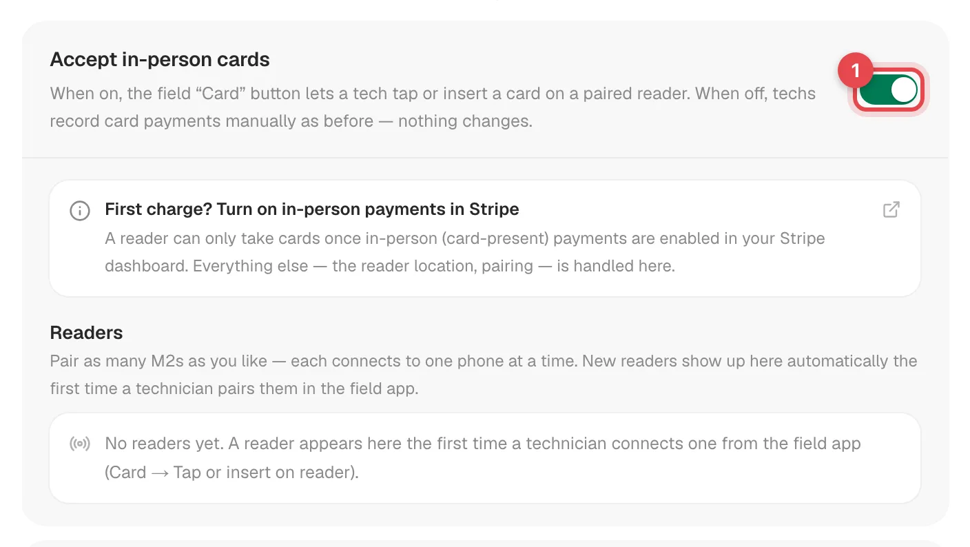 Tap to Pay card in Settings → Integrations with the Accept in-person cards switch highlighted