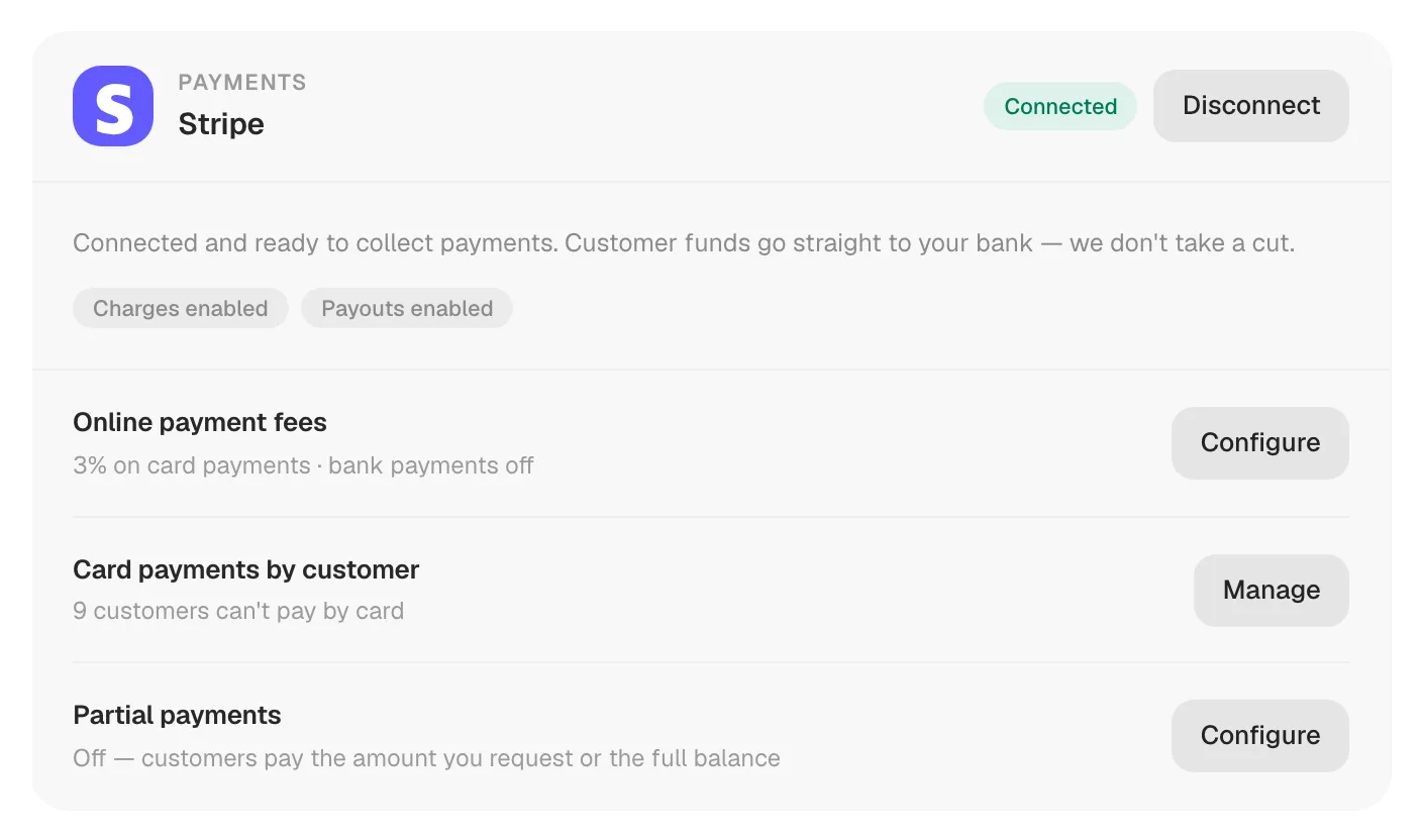 Stripe card showing the Connected badge, Charges enabled and Payouts enabled, plus the payment settings rows