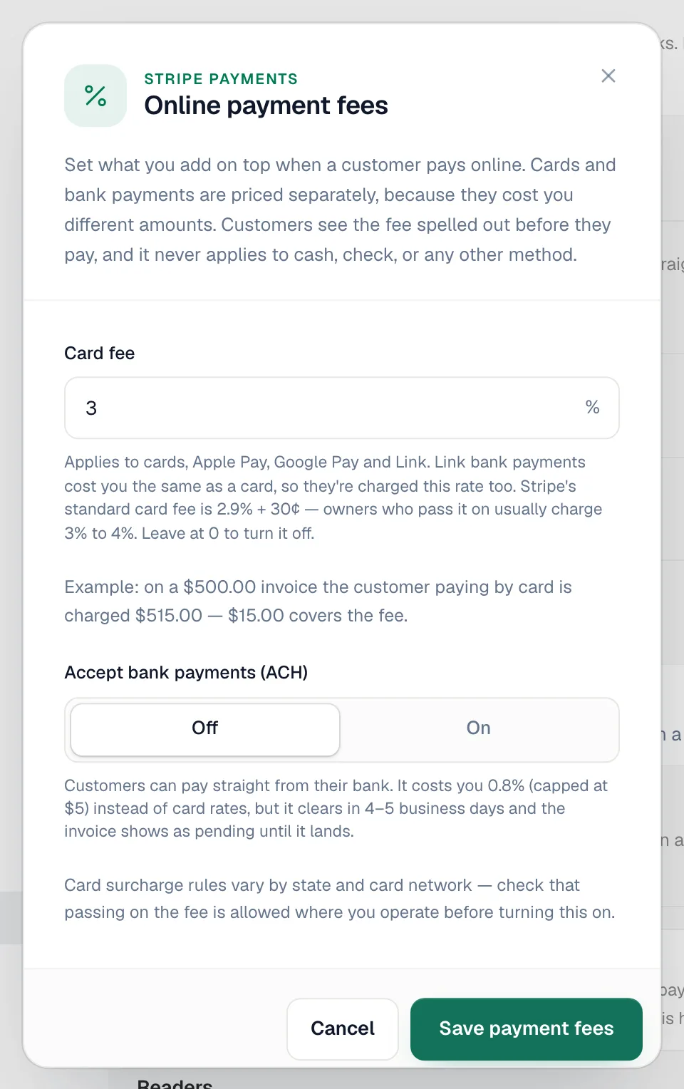 Online payment fees window with Card fee, Accept bank payments (ACH) and the fee example