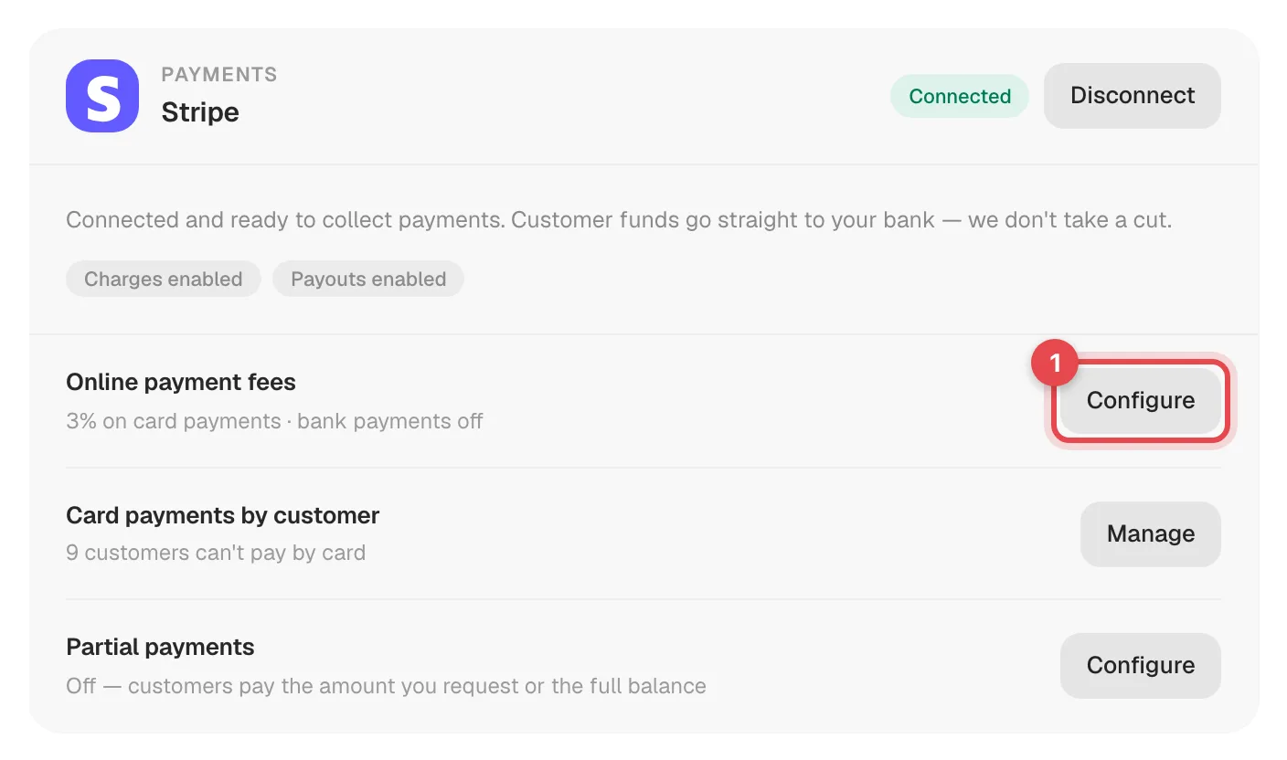 Stripe card with the Online payment fees Configure button highlighted