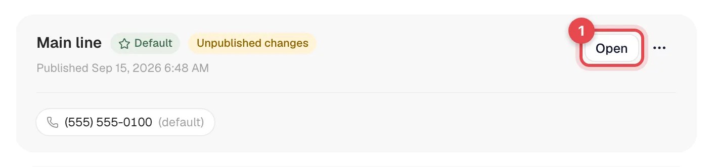 Main line flow card on the Flows tab, marked Default, with the Open button highlighted