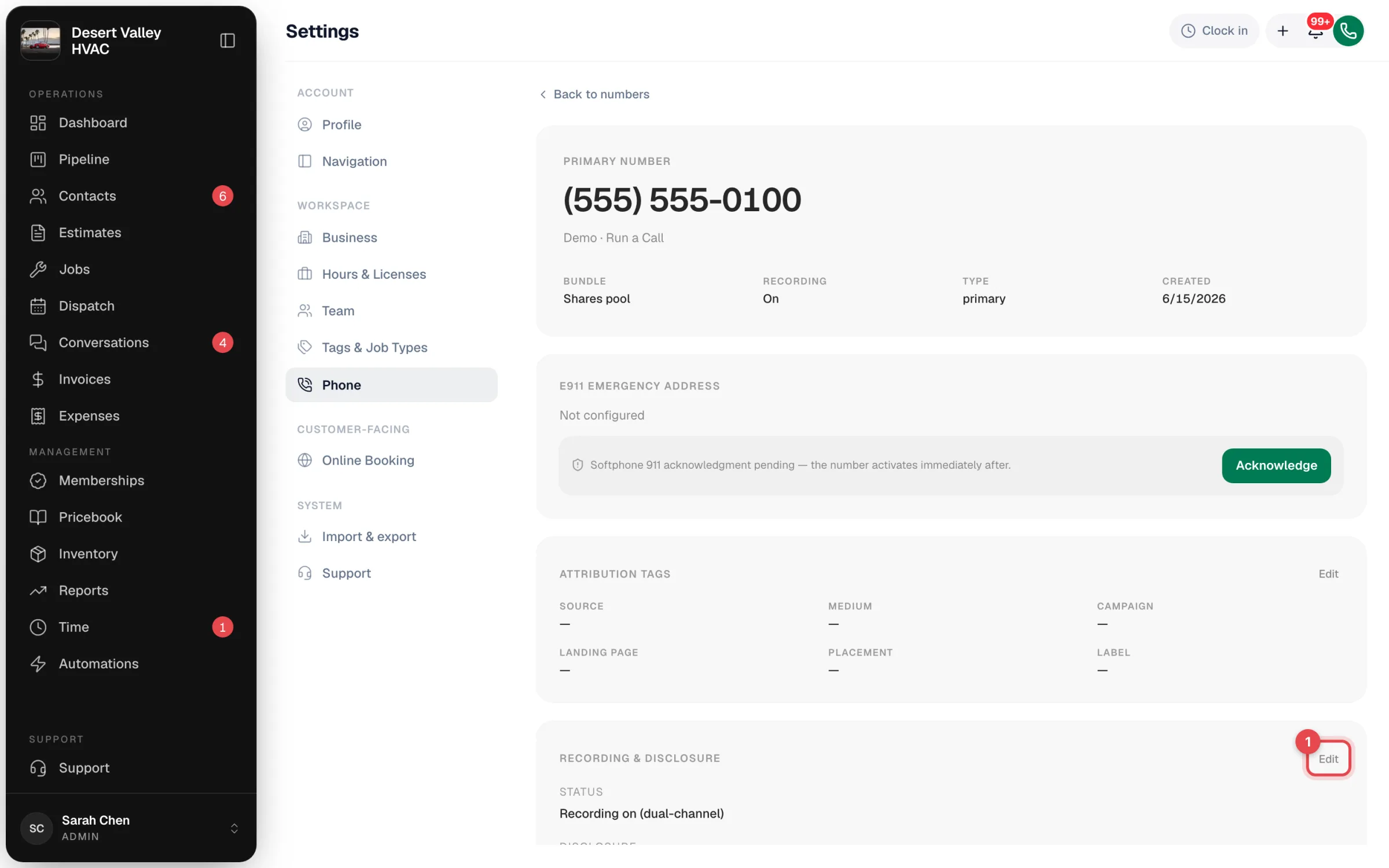 Number detail page with the Recording and disclosure section and its Edit link highlighted