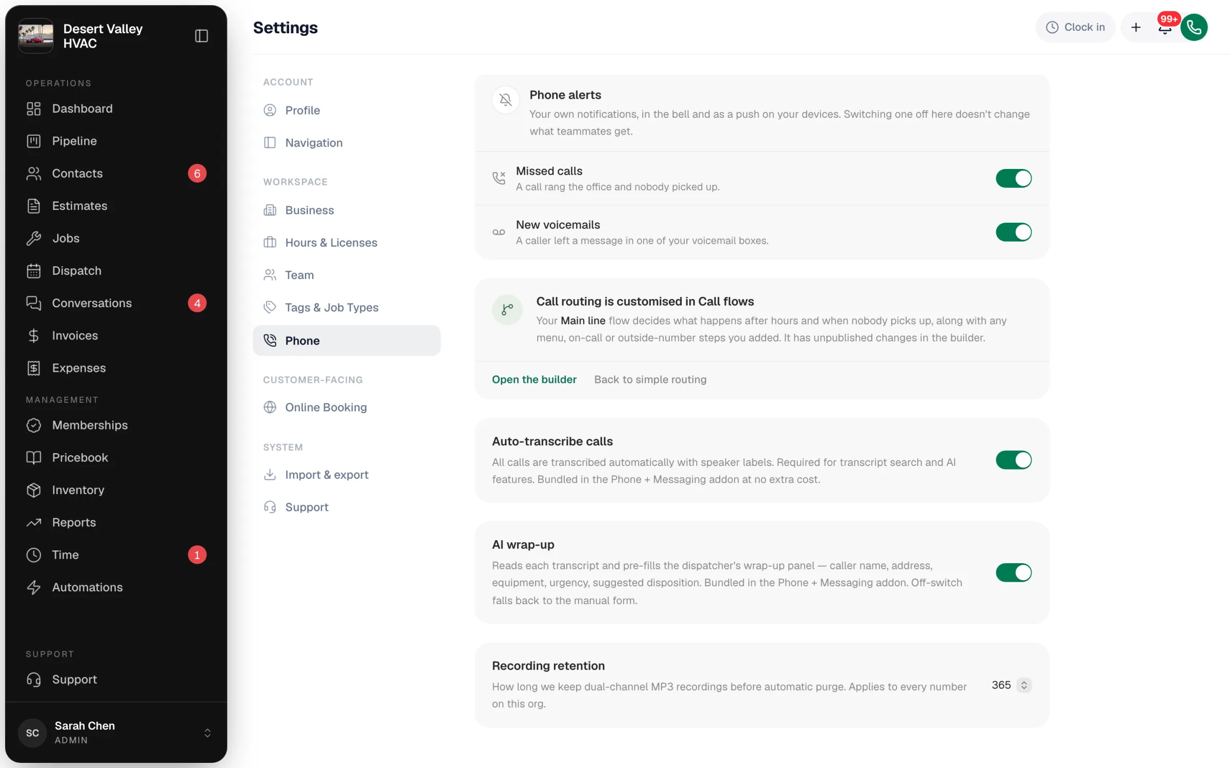Settings, Phone, Voice tab showing the Auto-transcribe calls, AI wrap-up and Recording retention cards