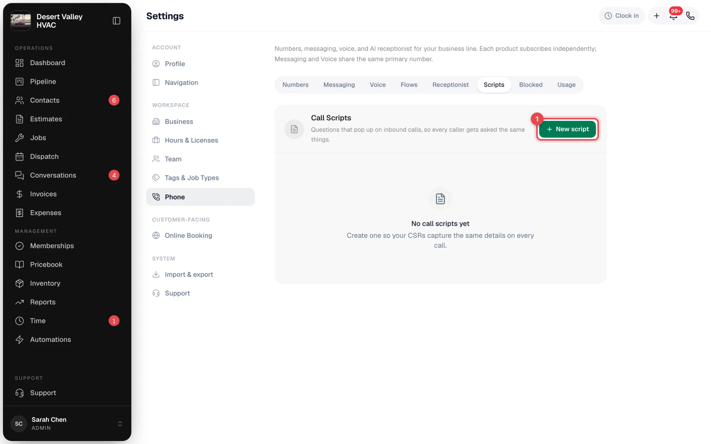 Settings, Phone, Scripts tab with the New script button highlighted