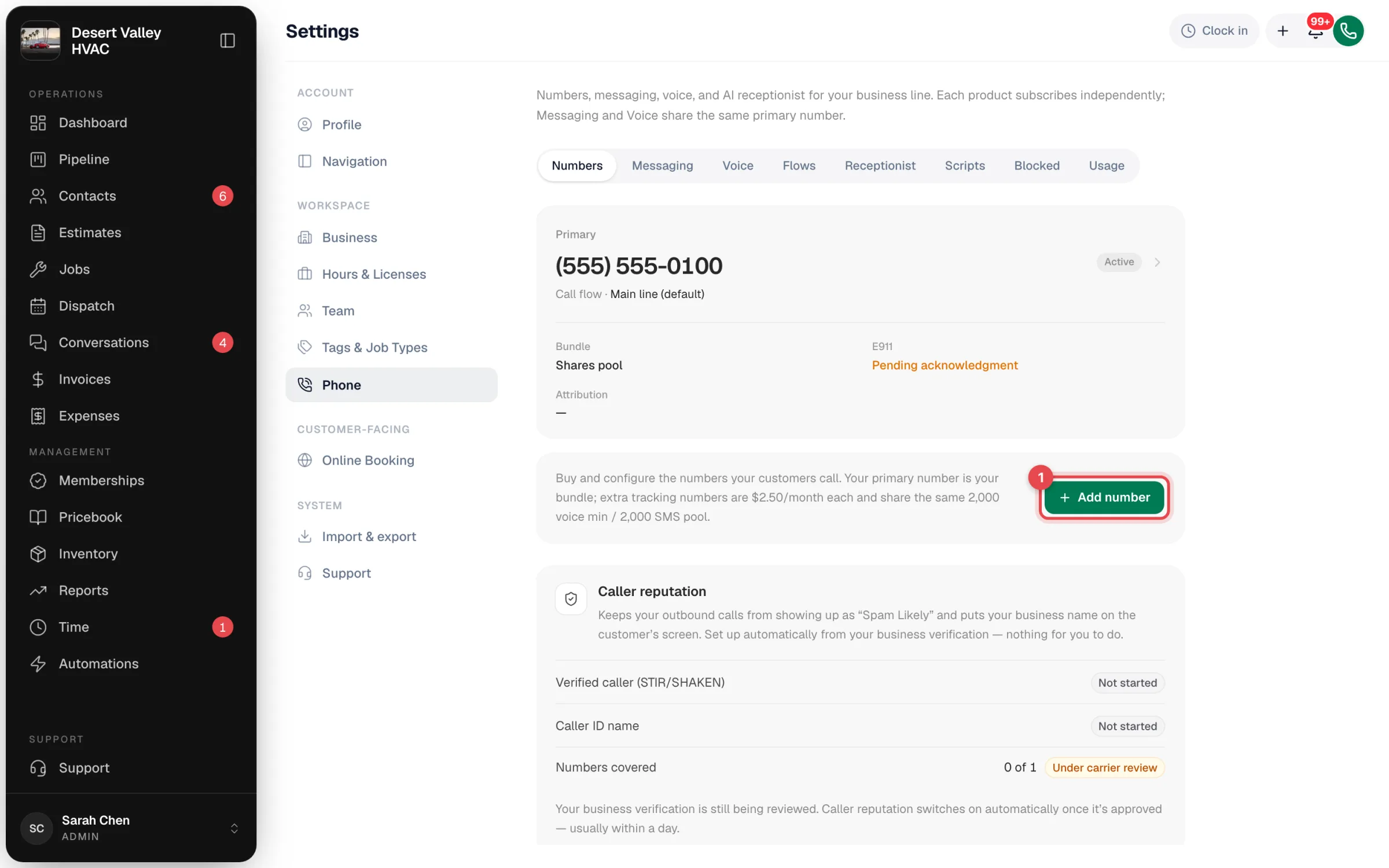 Settings, Phone, Numbers tab with the Add number button highlighted