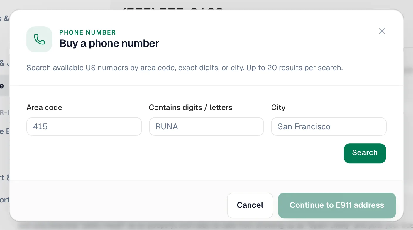Buy a phone number dialog with area code, digits and city search fields