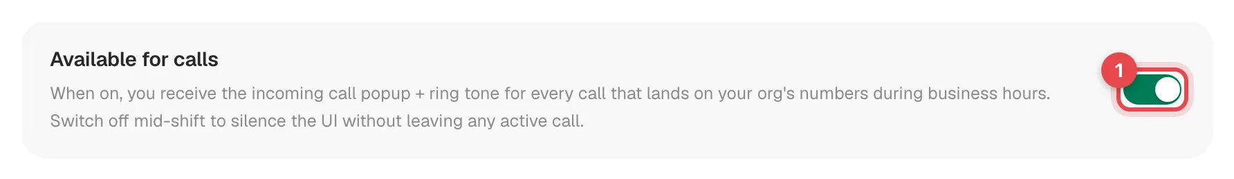 Settings, Profile page with the Available for calls switch highlighted
