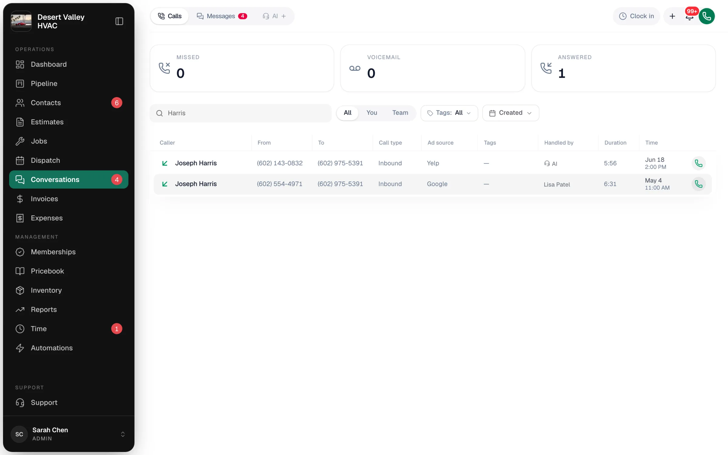 Conversations Calls view with the Calls, Messages and AI switcher and the Missed, Voicemail and Answered tiles