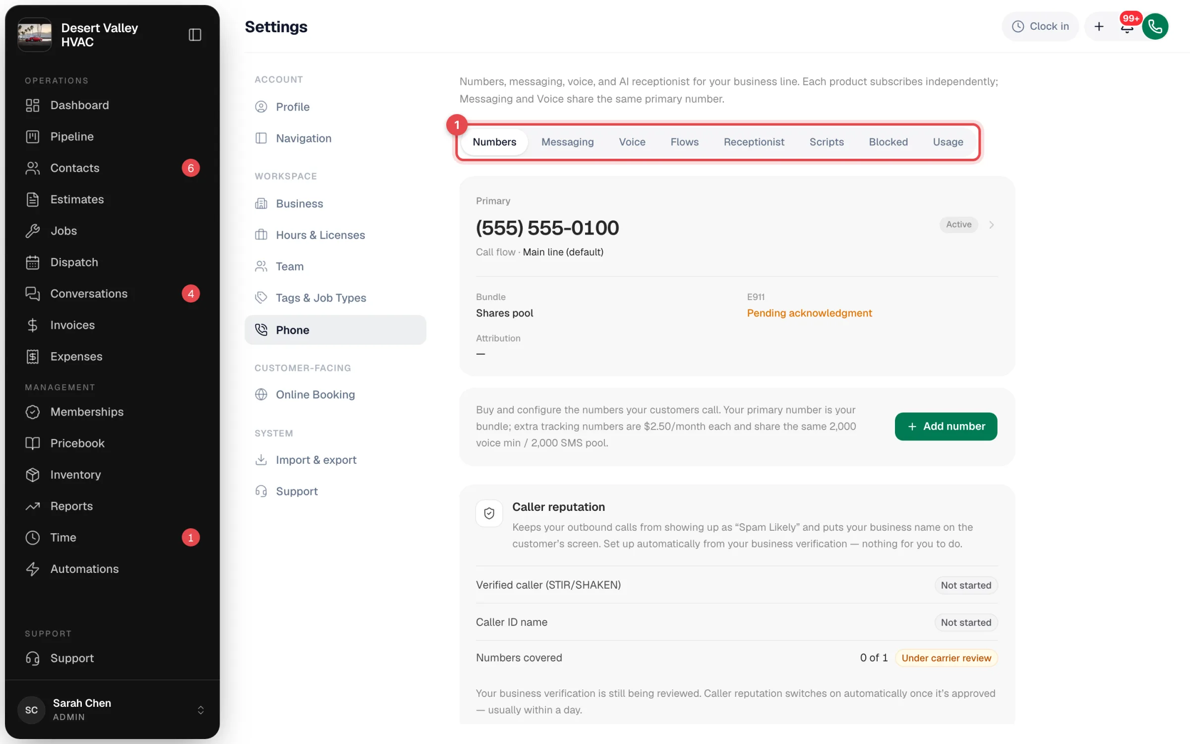 Settings, Phone, with the Numbers, Messaging, Voice, Flows, Receptionist, Scripts, Blocked and Usage tabs highlighted