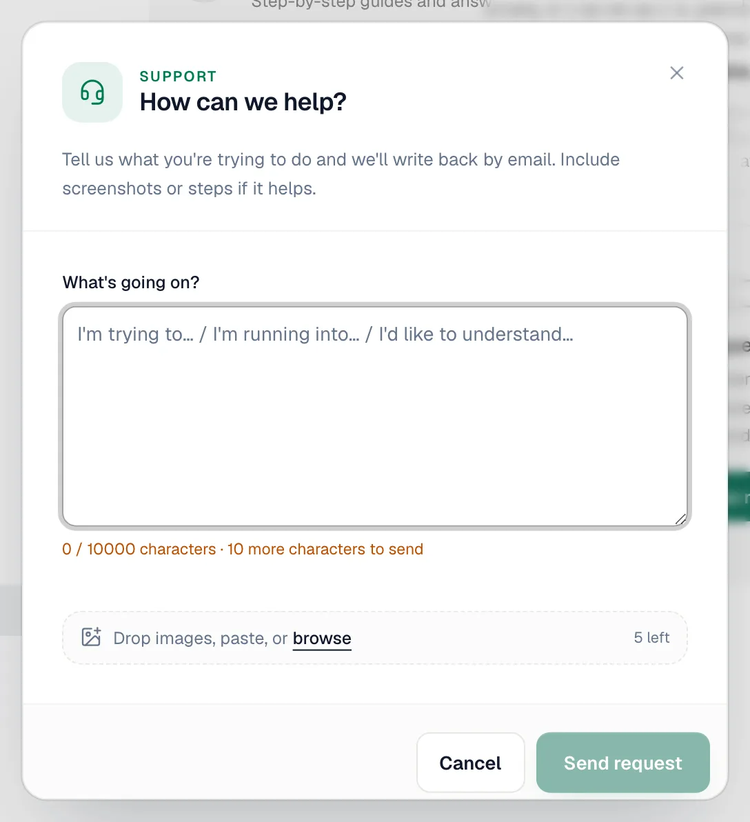 The How can we help? request form that opens from New request on Settings, Support